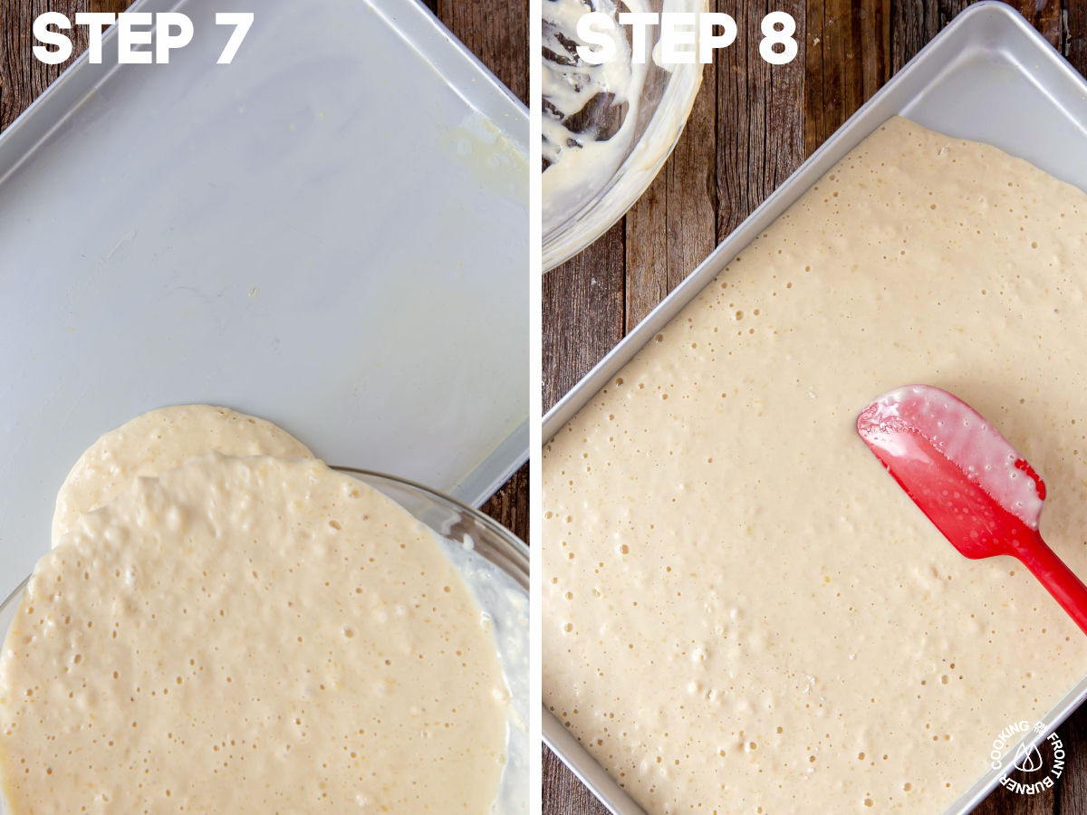 pouring pancake batter into a sheet pan and using a spatula to spread out