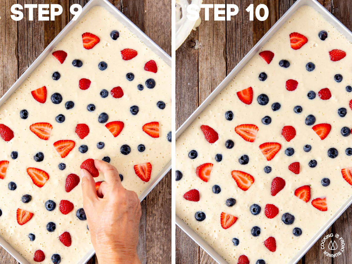 placing by hand fresh blueberries and strawberries on top of batter