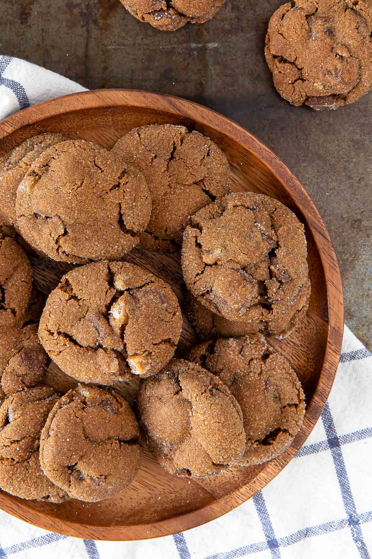 a plate with triple ginger chocolate cookies