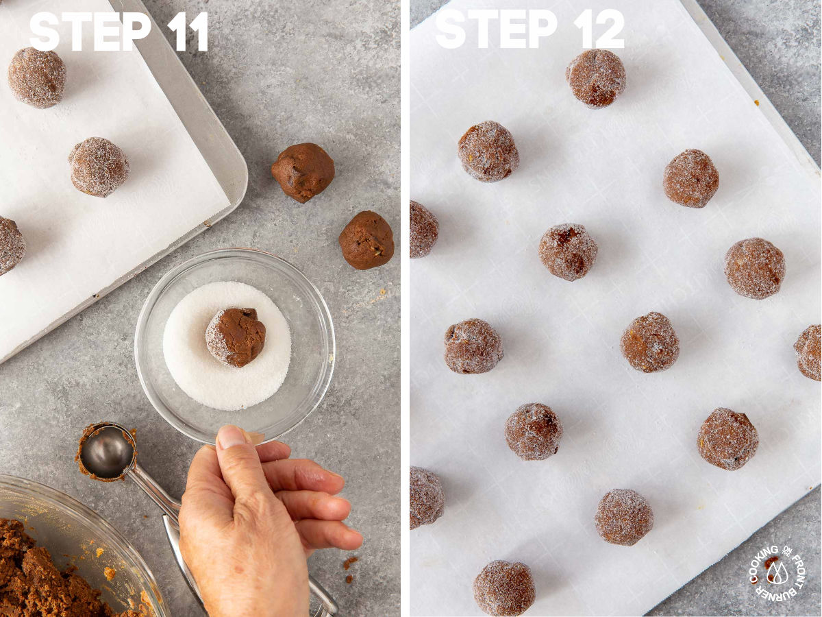 rolling dough into walnut size balls and placing in suar; then putting on cookie sheet