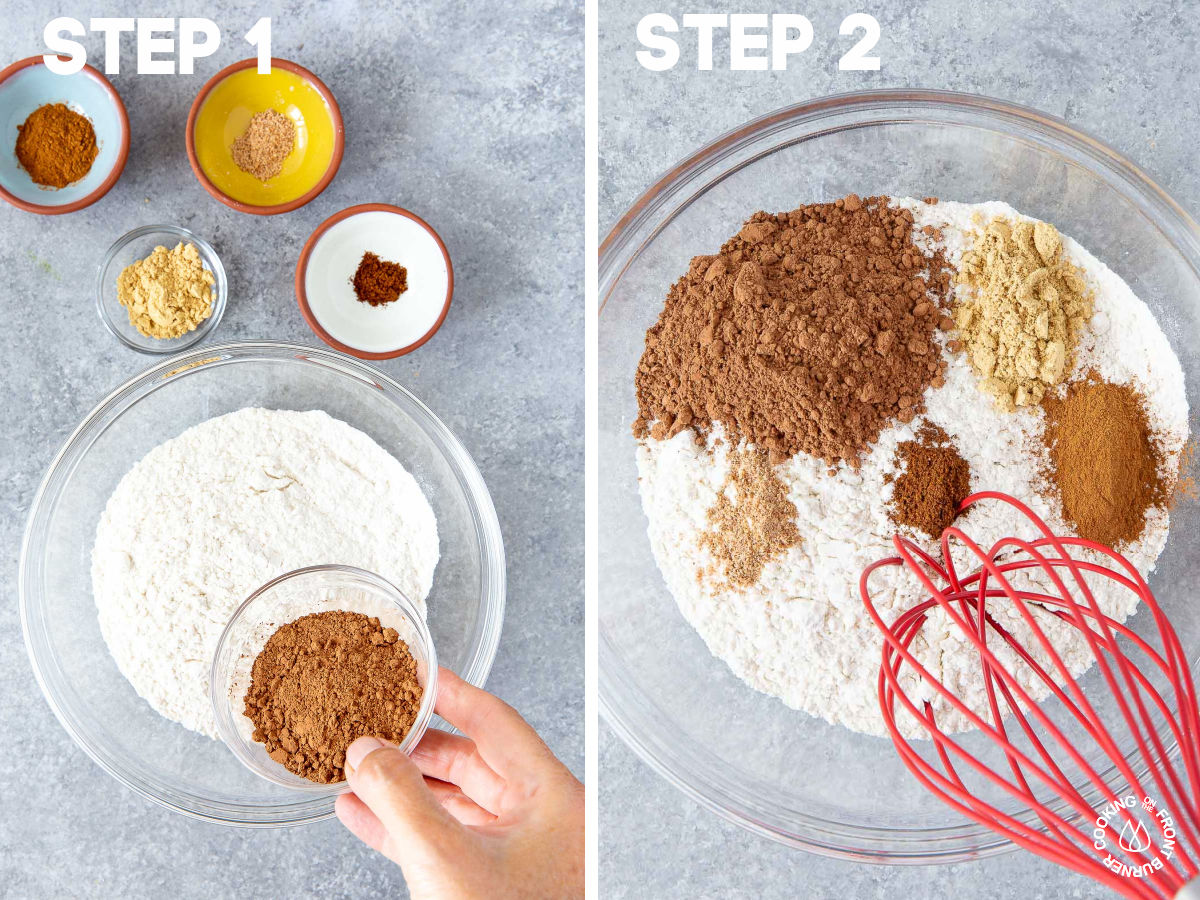 a bowl with flour, cinnamon, nutmeg, cloves, cocoa powder