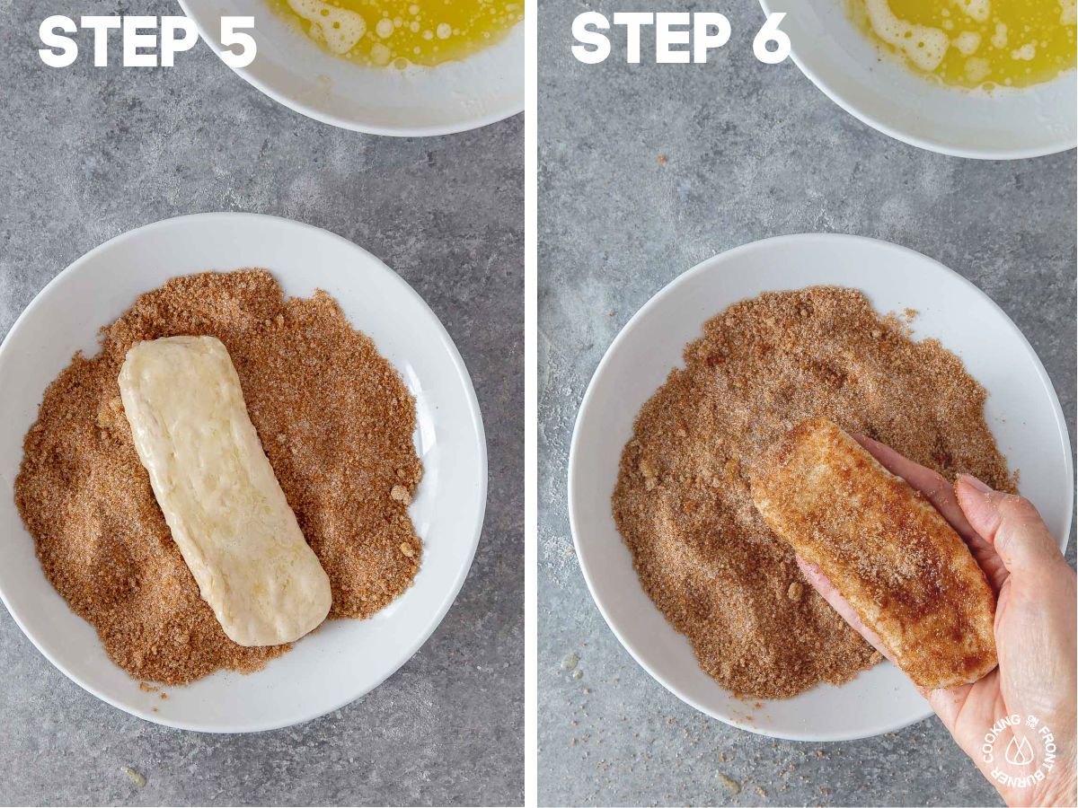 dipped rectangle biscuits in a cinnamon sugar mixture