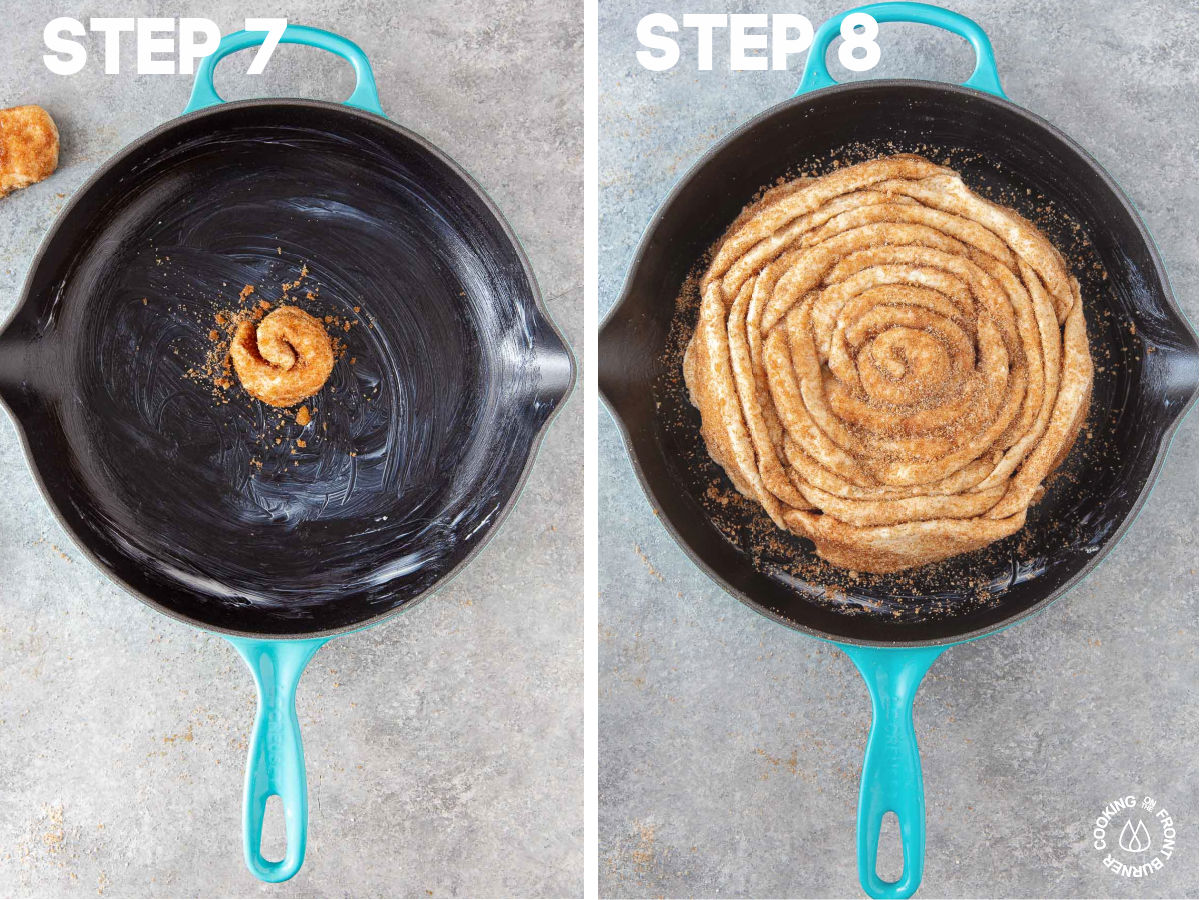 rolling dough into a buttered skillet