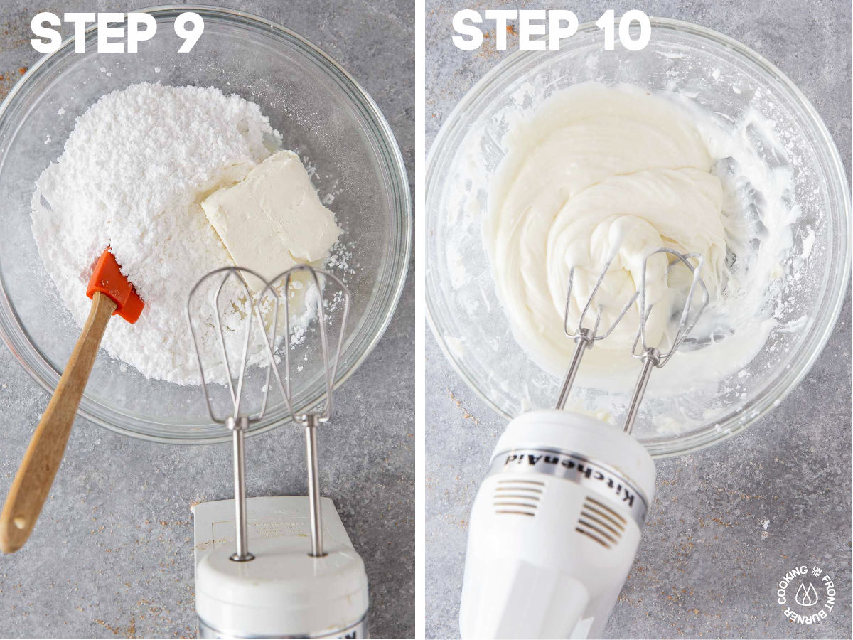 using a hand mixer to combine cream cheese, powdered and milk