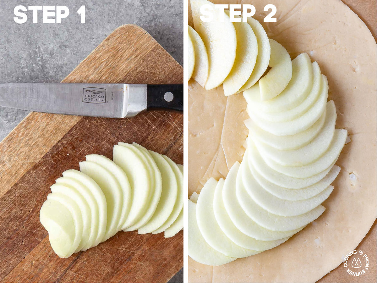 an apple cut into thin slices being placed on a pie crust