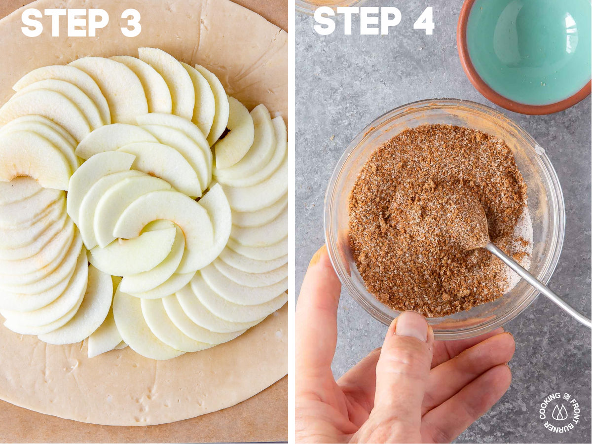 a pie crust filled with sliced apples; a bowl with cinnamon sugar mixture