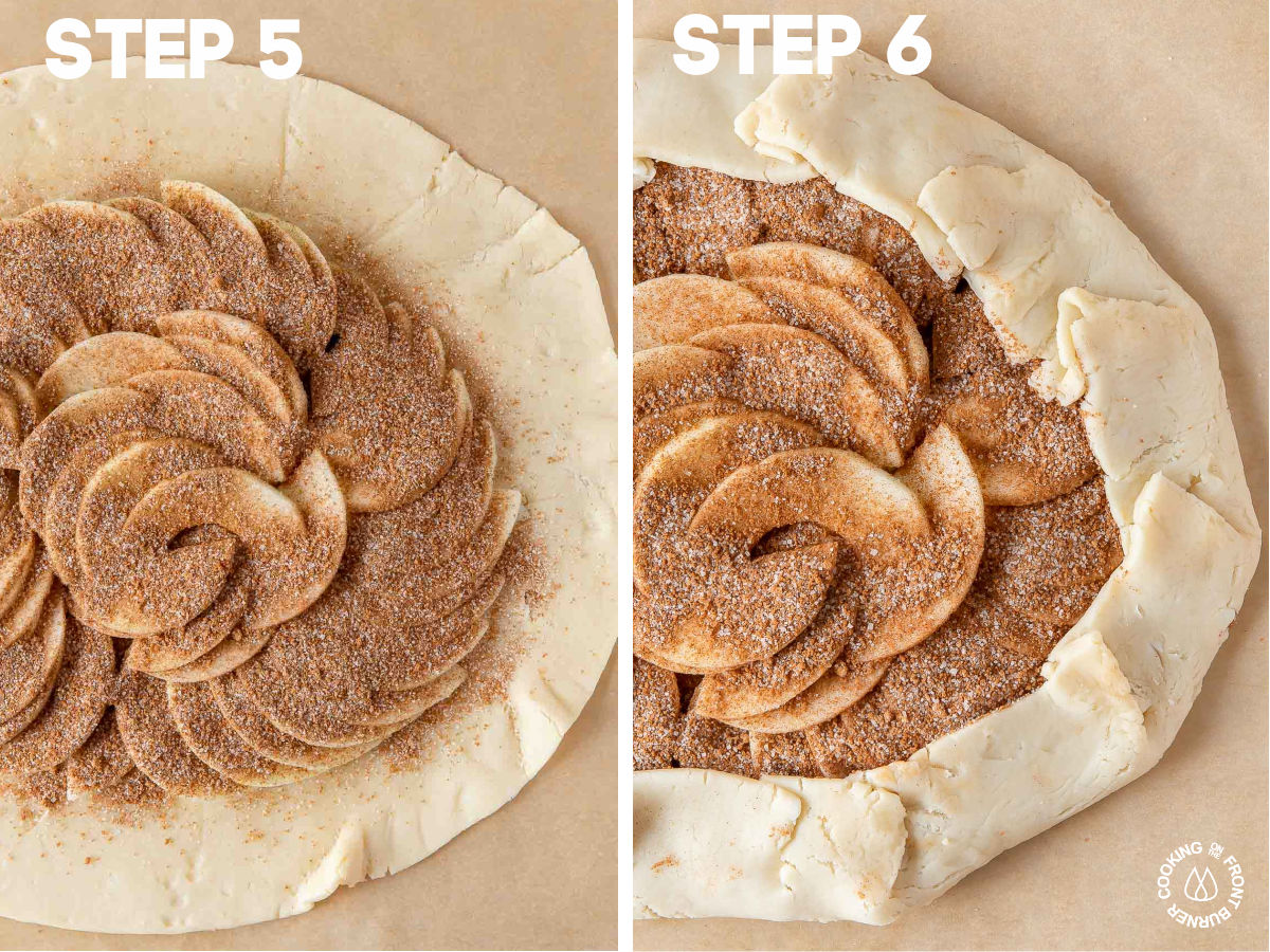 pouring cinnamon sugar mixture over apples; making a pie edge