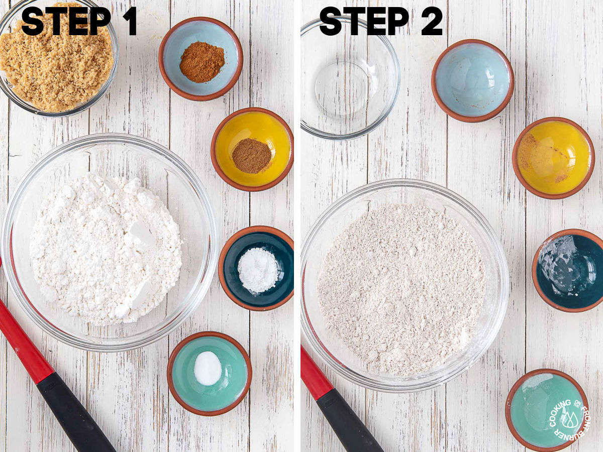 combining cake flour, brown sugar, cinnamon, nutmeg, baking soda, baking powder in a bowl