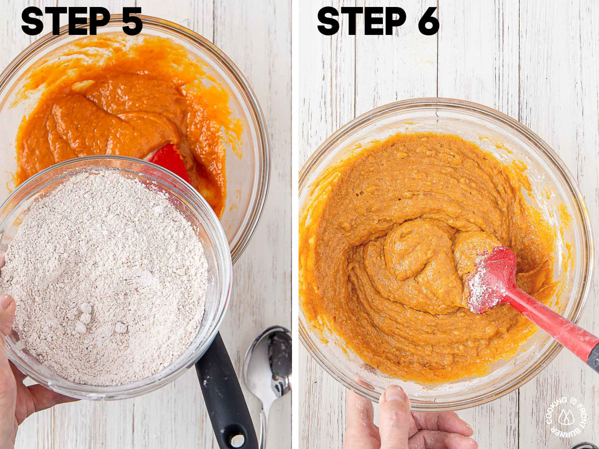 combining flour mixture into the wet pumpkin mixture