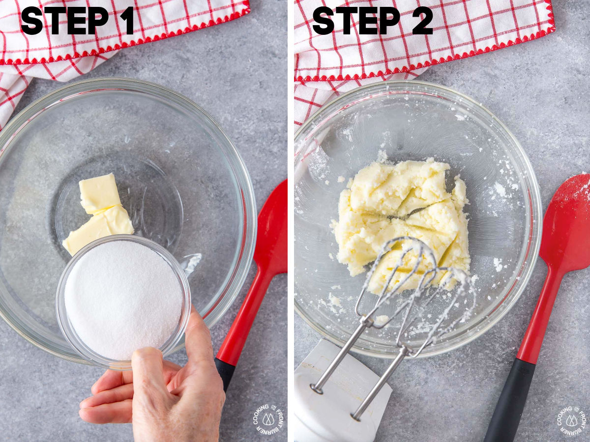 a bowl with soft butter and sugar being mixed with a hand mixer