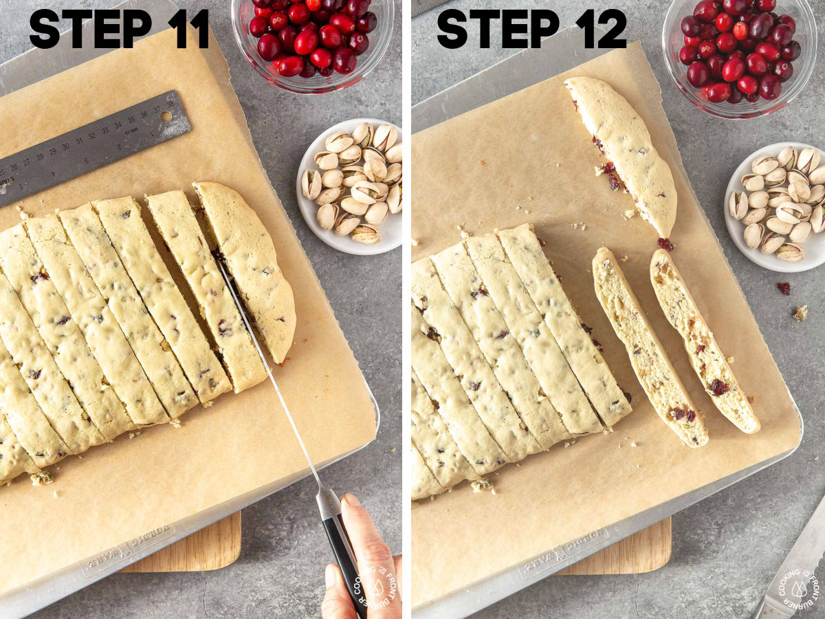 slicing biscotti on a cookie sheet