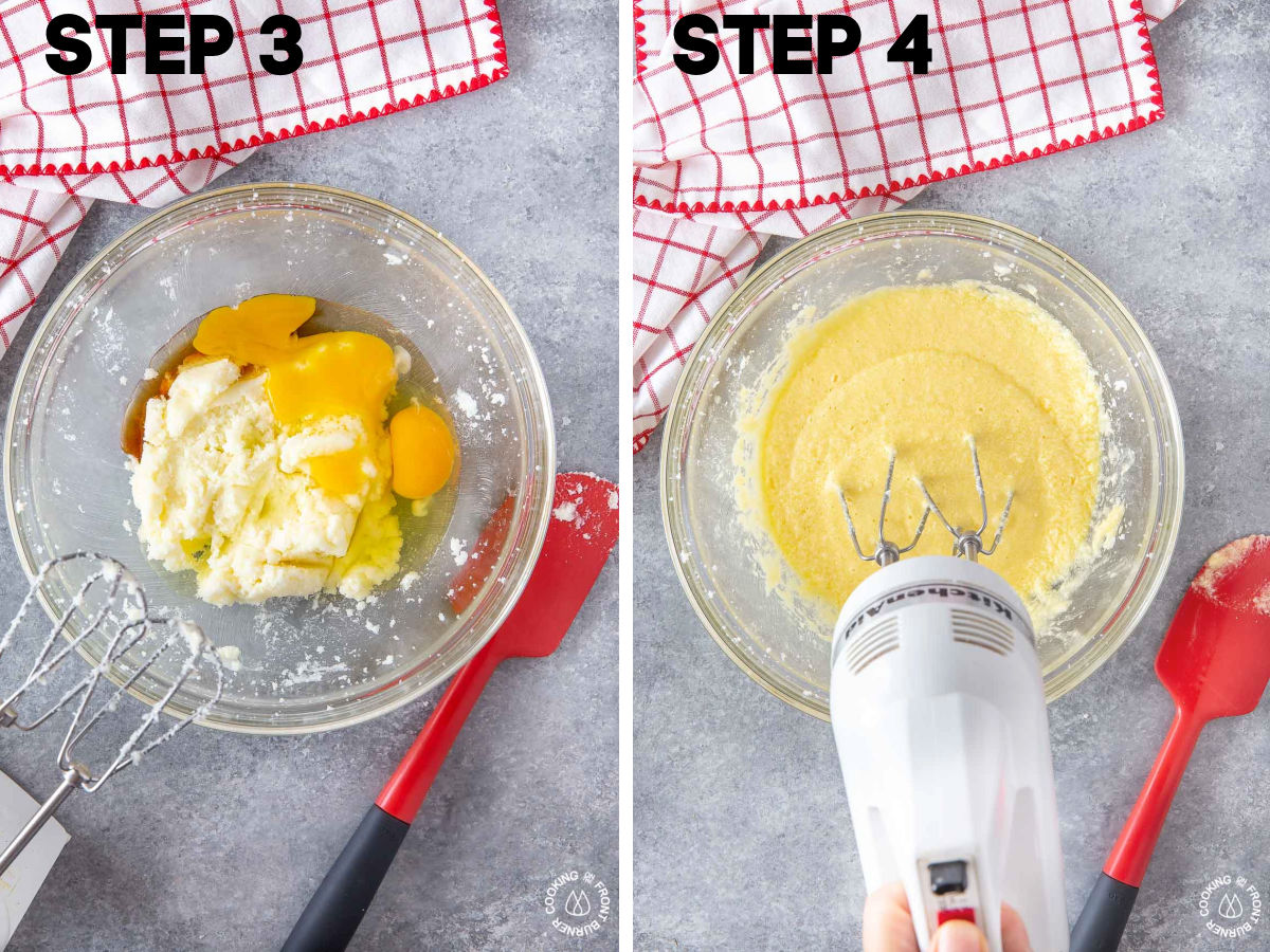 raw eggs in a sugar butter mixture in a bowl and beating with a hand mixer