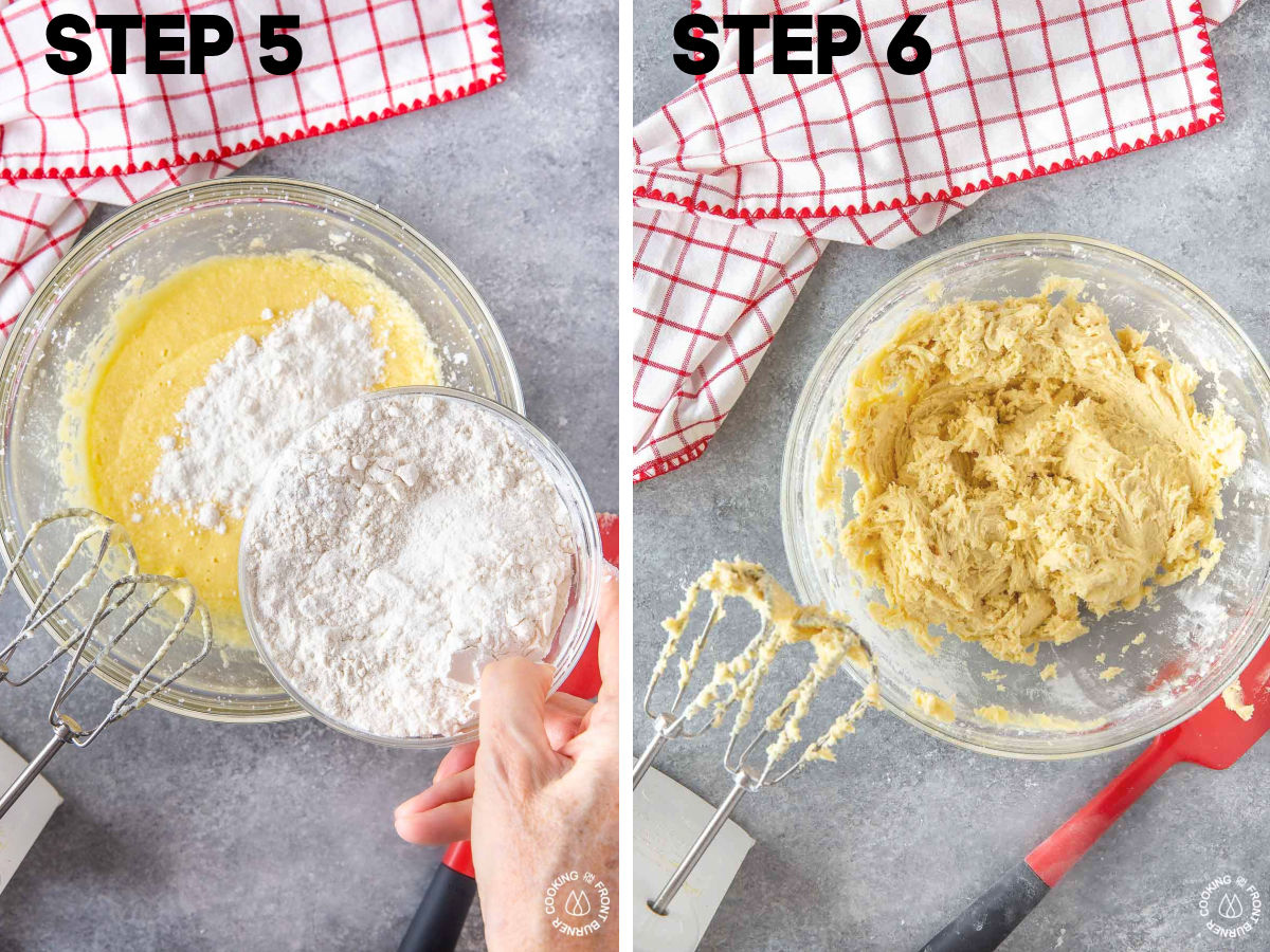 adding flour to a sugar butter egg mixture