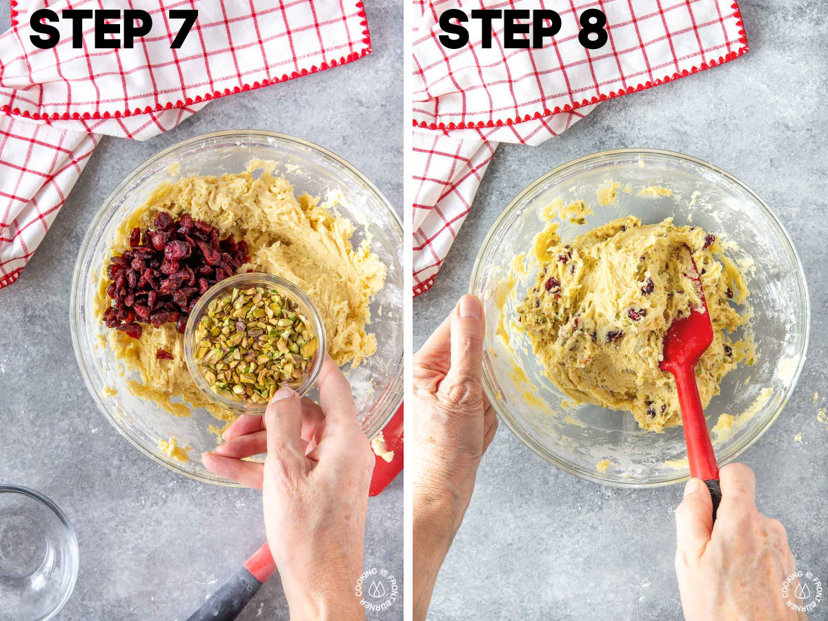 adding craisins and pistachios to dough