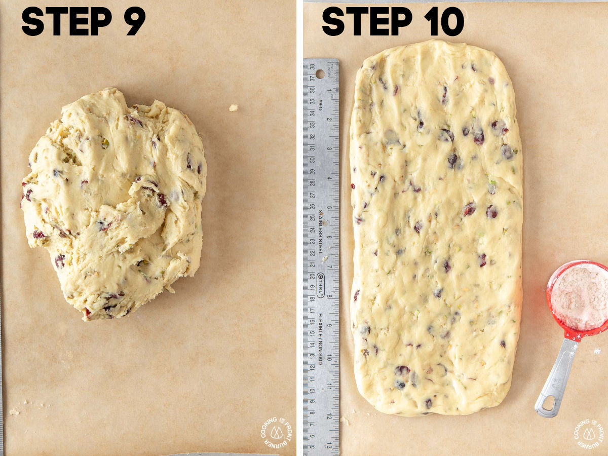 dough on a parchment sheet being shaped into a rectangle