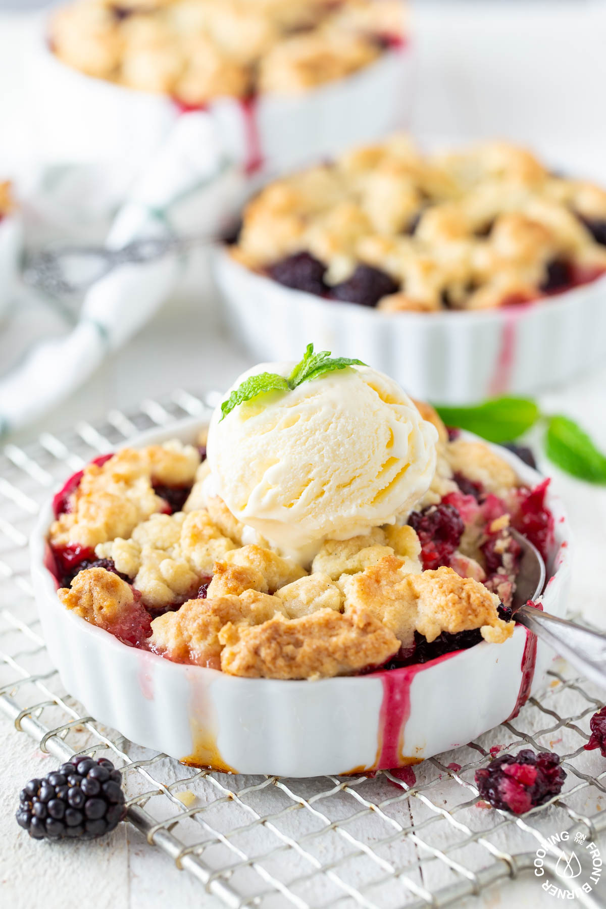 small white dish, blackberry crumble, scoop vanilla ice cream on top