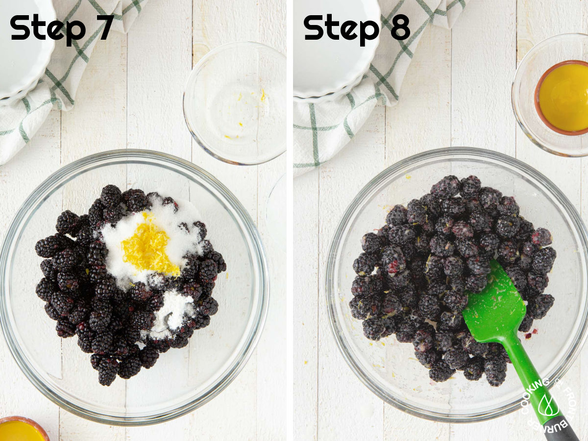 blackberries in a bowl and adding lemon juice and sugar