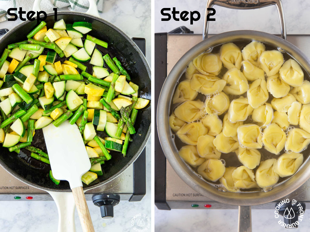 sauteeing veggies in a pan and cooking tortellini