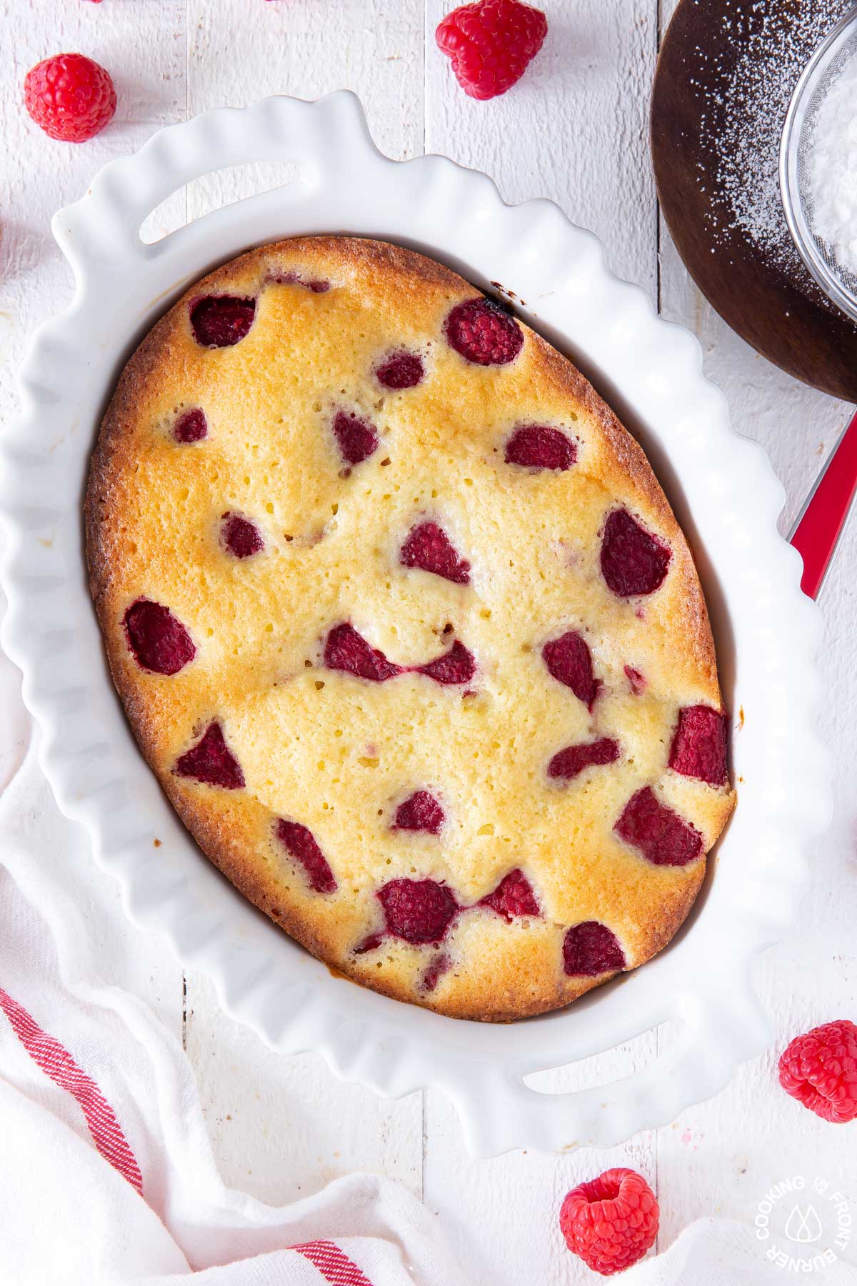 baked coffee cake in a white baking dish