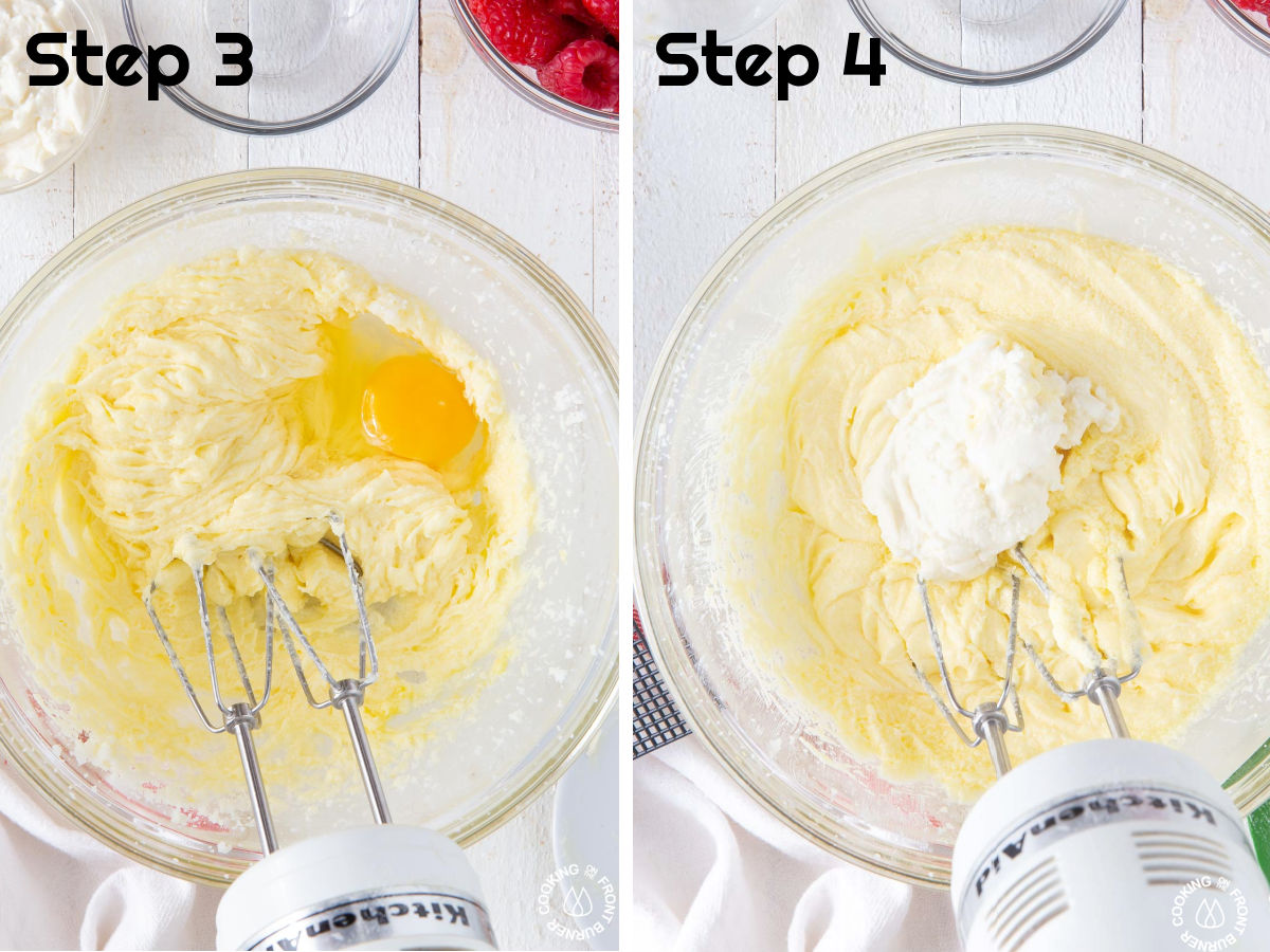 adding eggs to a sugar and butter mixture