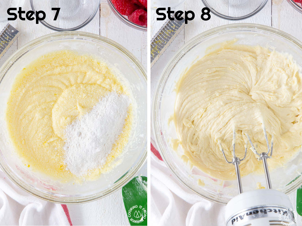 adding flour to cake batter