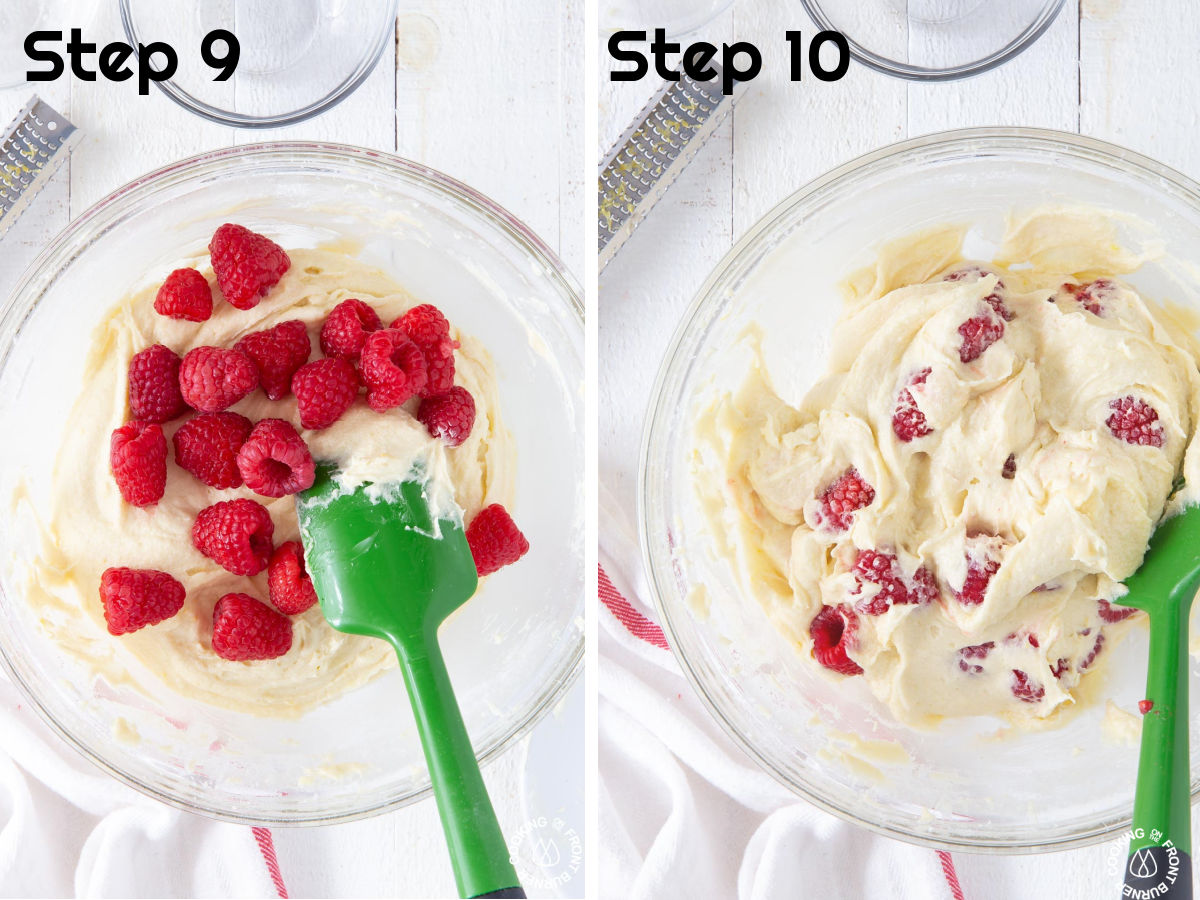 folding fresh raspberries into cake batter