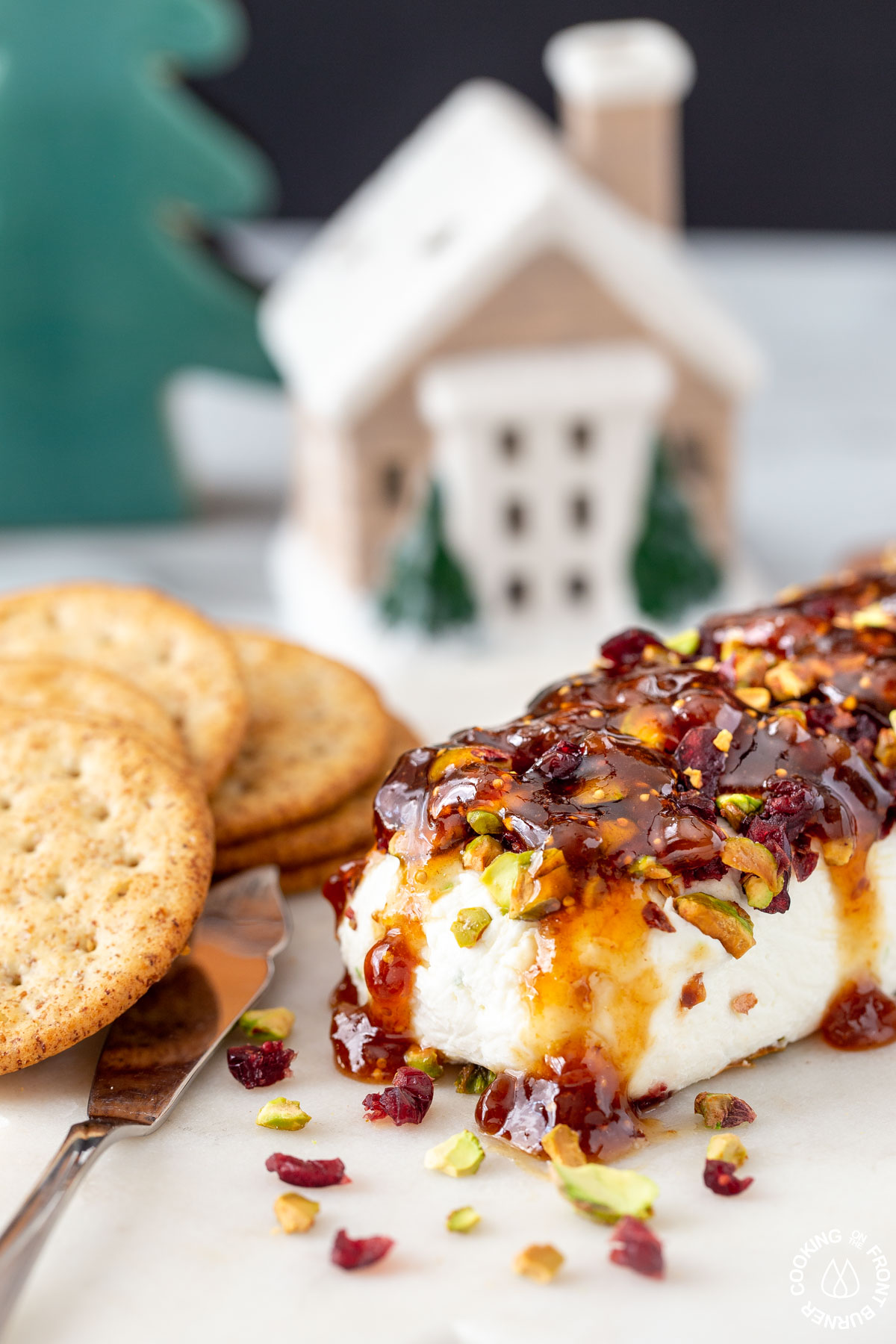 cheese log topped with cranberries, pistachios and fig jam
