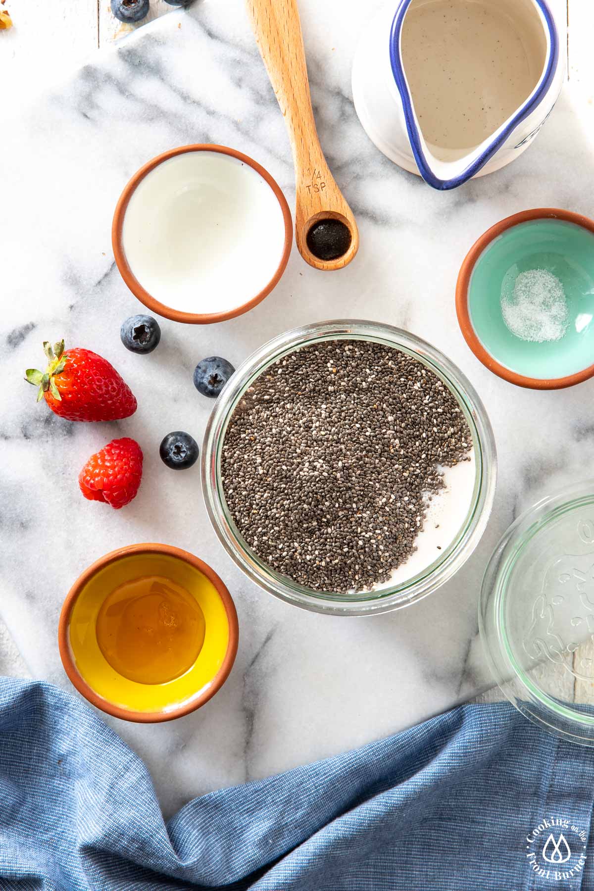 almond milk in a bowl adding chia seeds