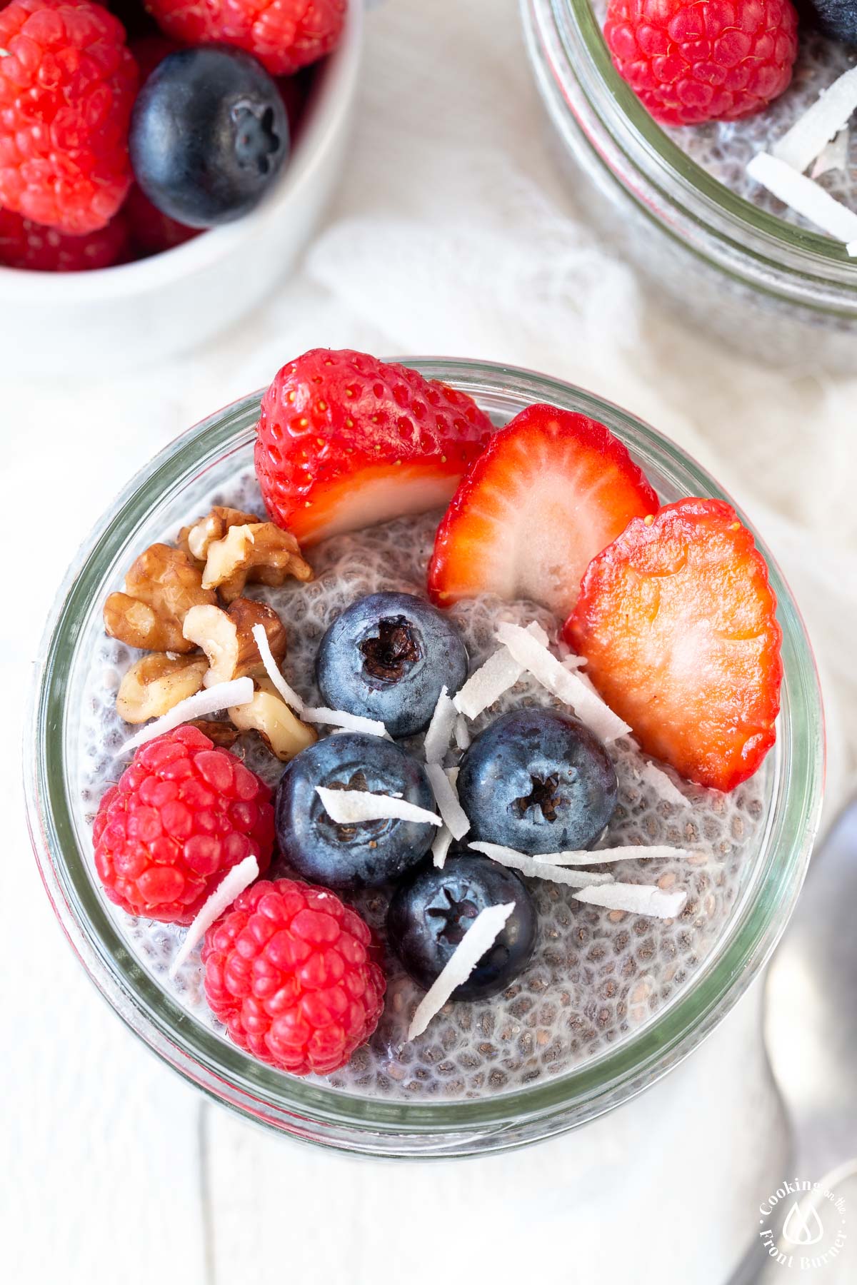 overhead close up fruit on chia pudding