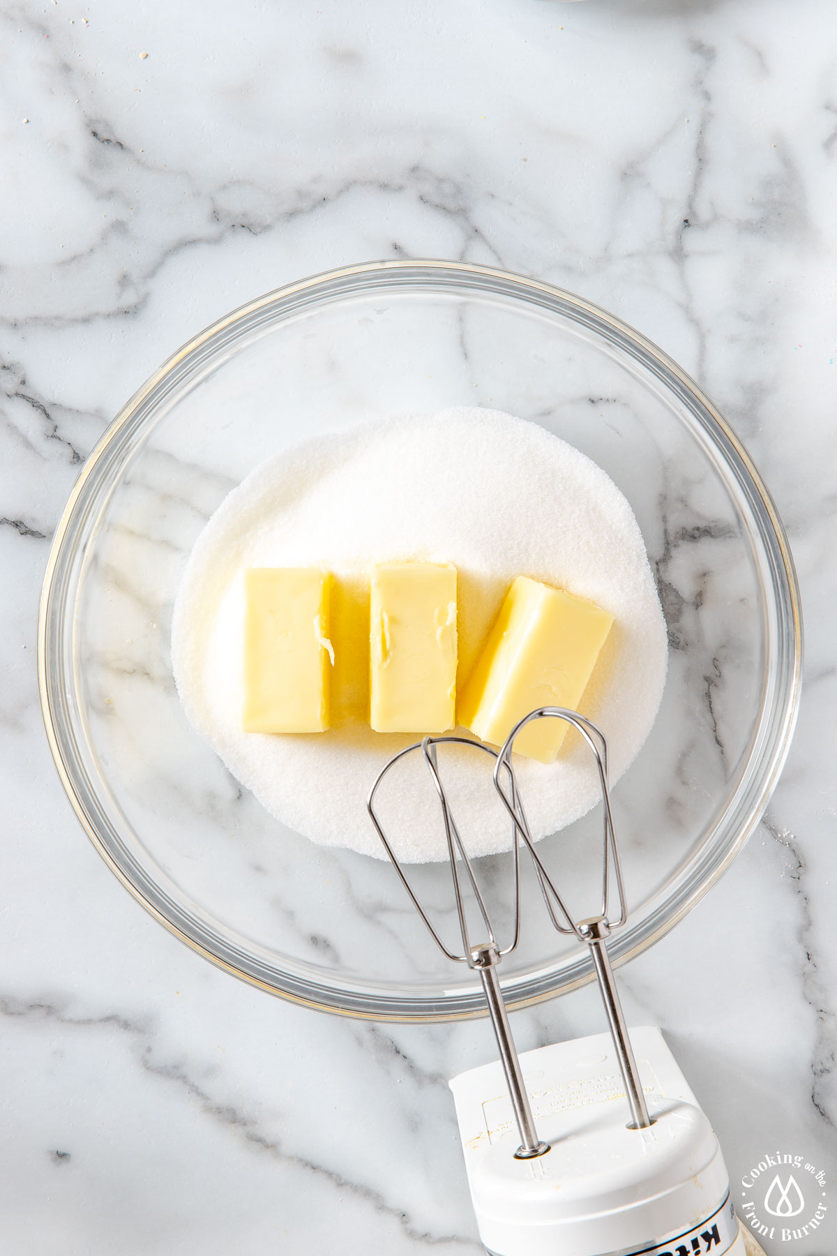 clear glass bowl with sugar and butter