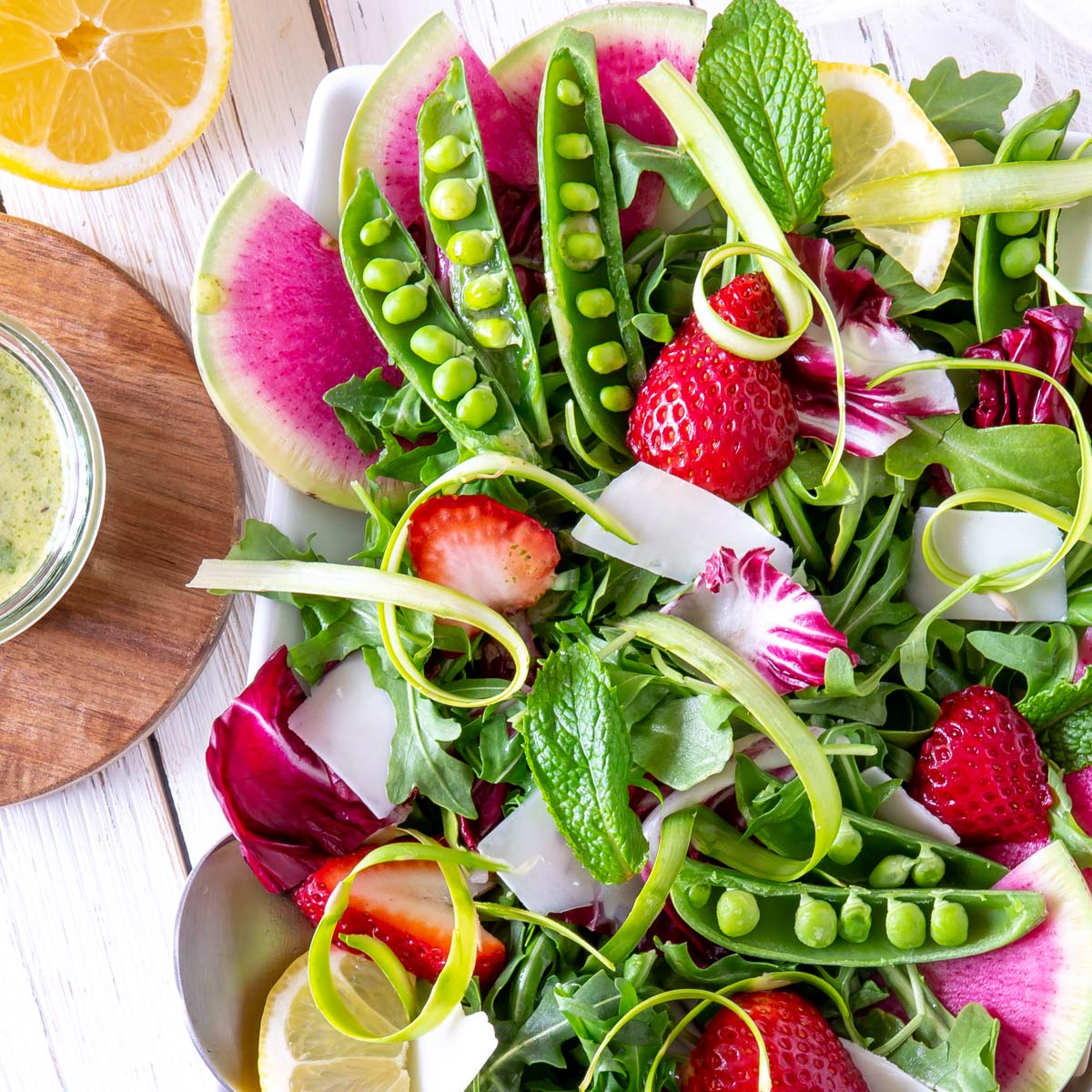 spring arugula salad with a side of lemon-mint vinaigrette