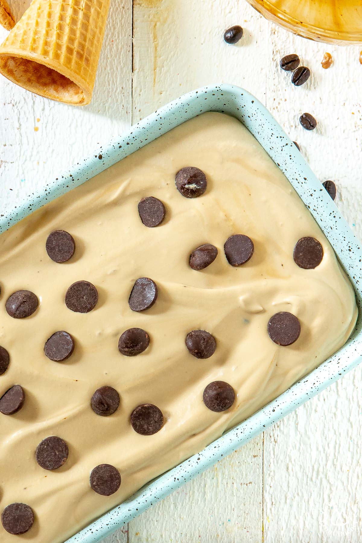 loaf pan with coffee ice cream mixture