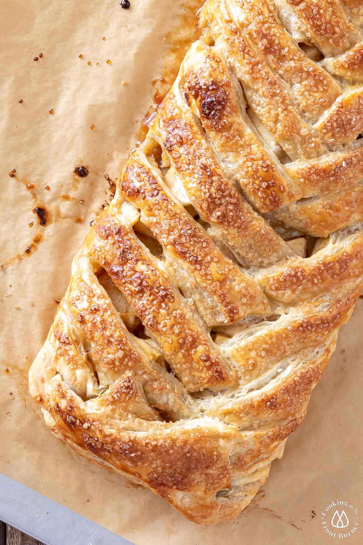 baked apple strudel on parchment paper