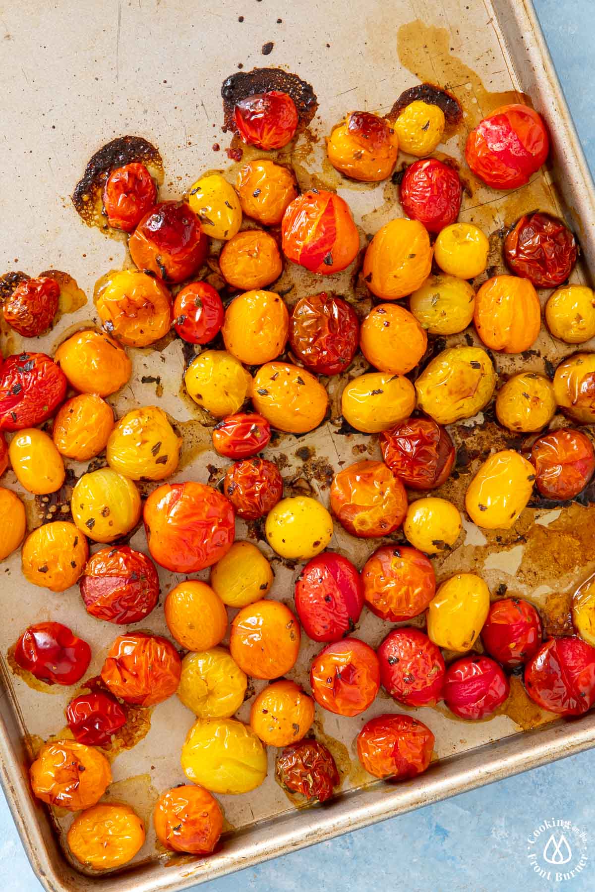roasted tomatoes on a cookie sheet